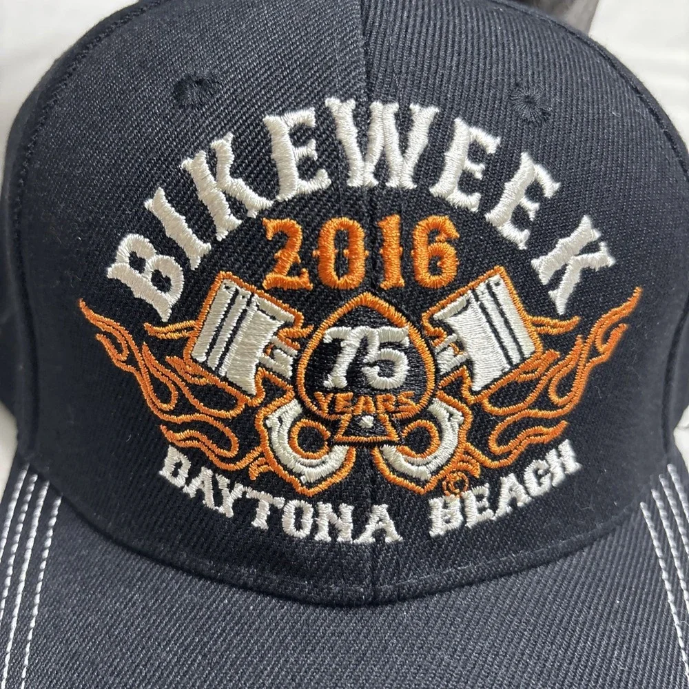 1 DAYTONA BEACH‎ BIKE WEEK HAT 2016 ADJUSTABLE TRUCKER HAT BLACK ORANGE 75 YEARS